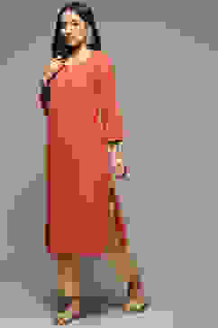 Orange Cotton Straight Kurta image number 3