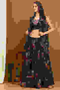 Black Georgette Floral Printed Flared Lehenga Set image number 0