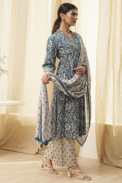 Indigo Cotton Printed Gathered Suit Set image number 5