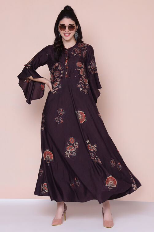 Brown Cotton Fusion Wear Dress image number 3