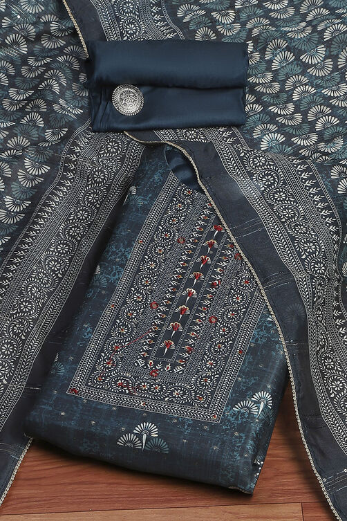 Blue Chanderi Geometric Printed Unstitched Suit Set image number 0