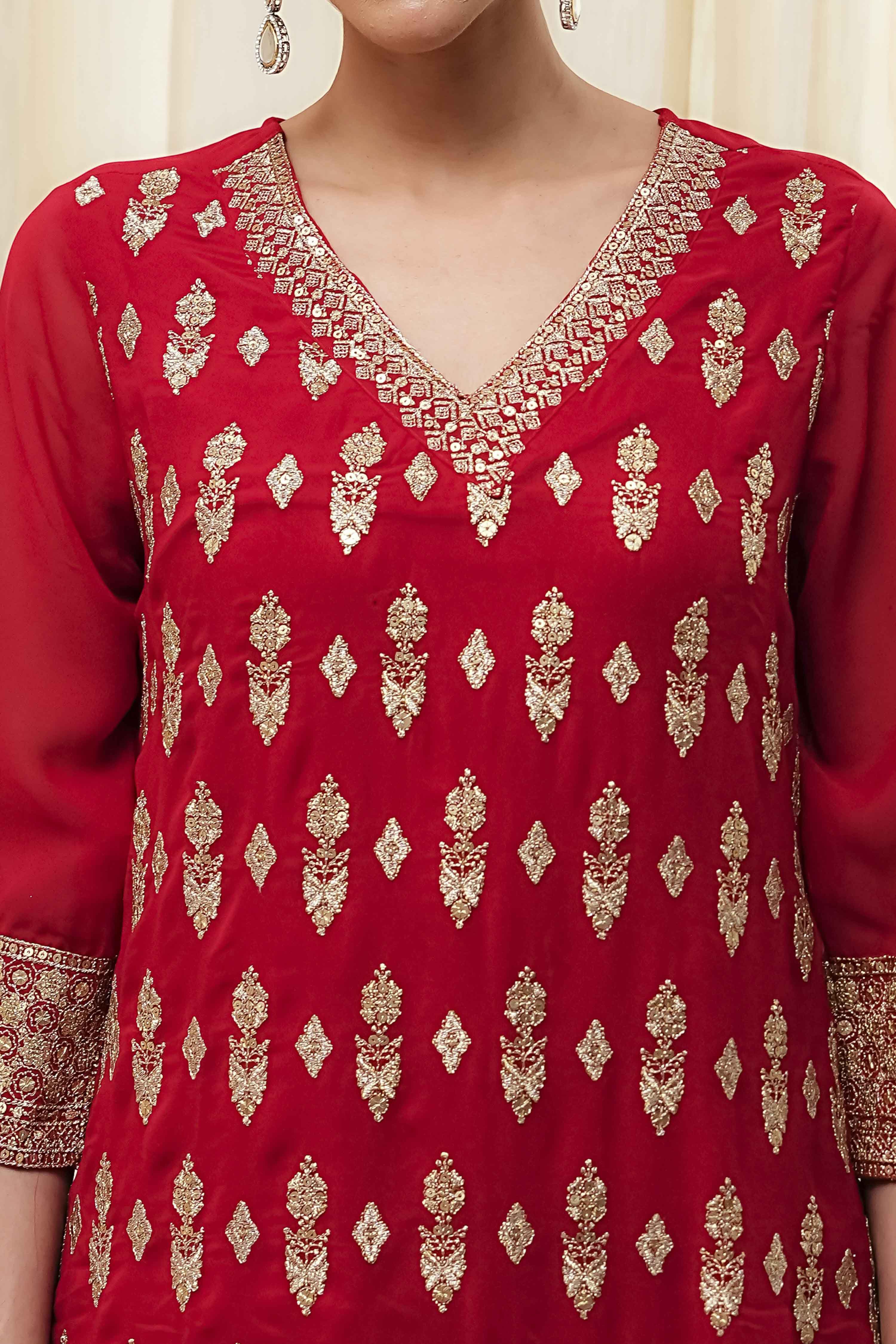 Red Embroidered Straight Suit Set image number 1