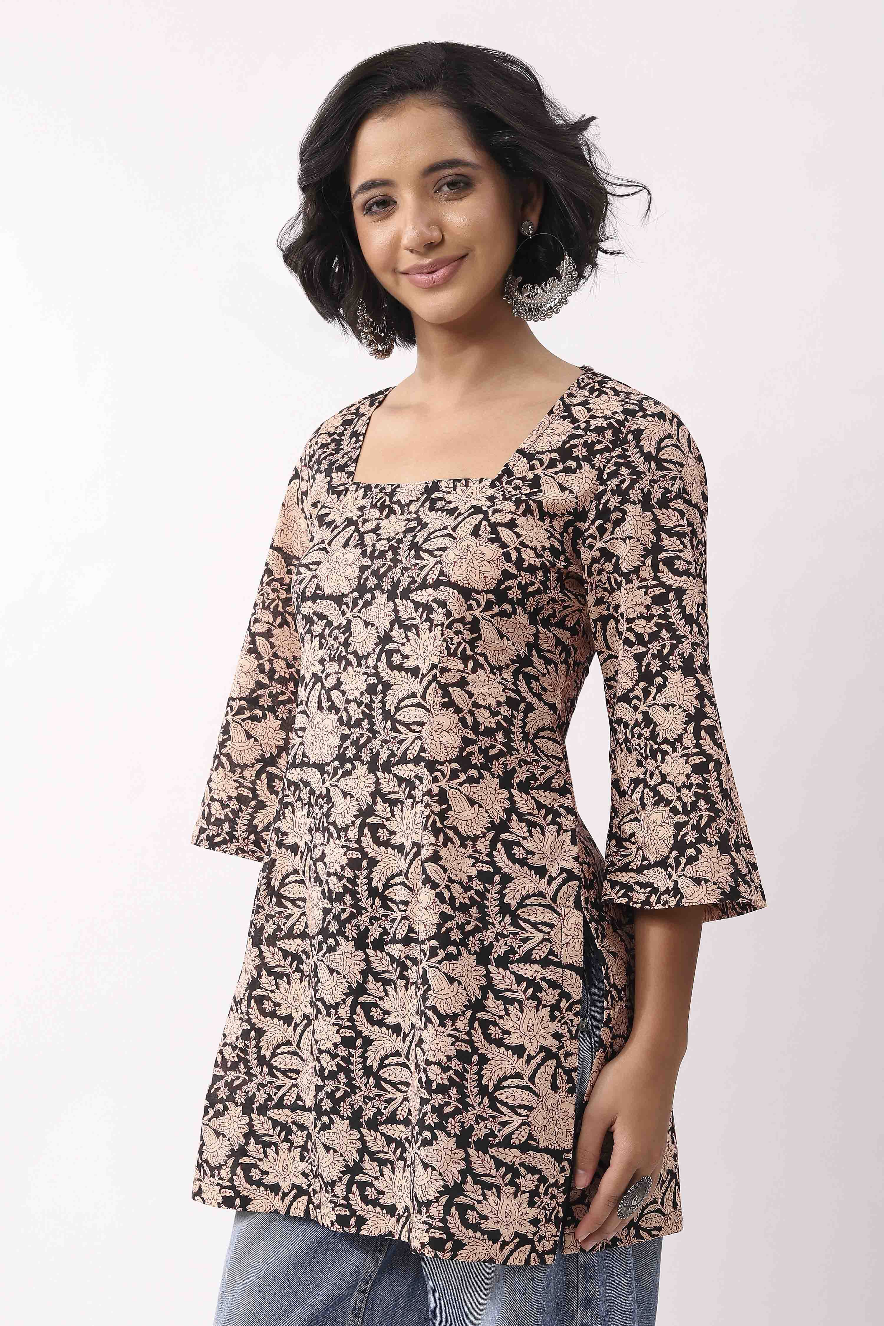 Black Cotton Printed A Line Short Kurti image number 2