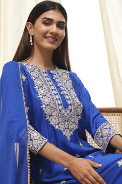 Blue Embroidered Straight Suit Set image number 7