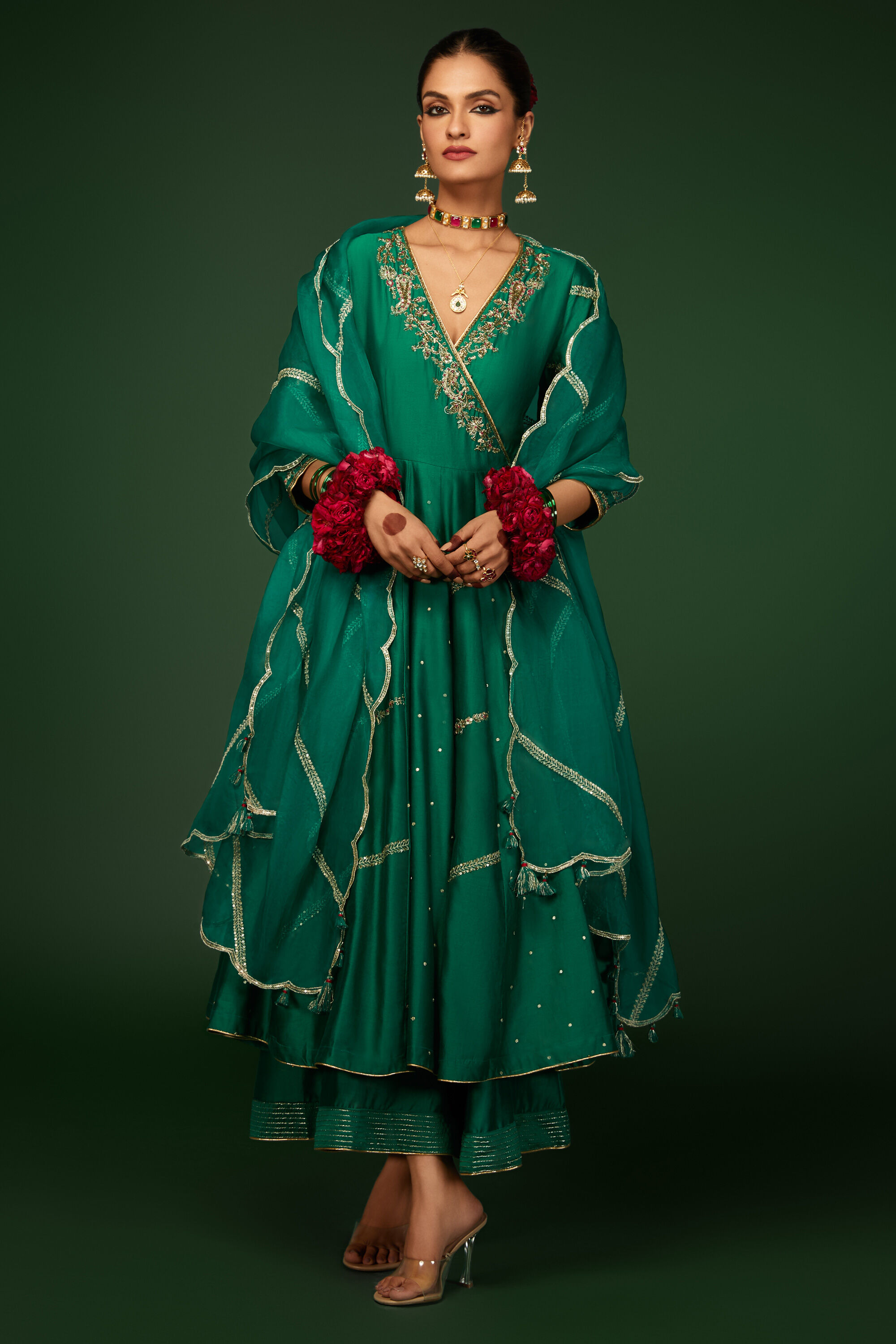 Green Embroidered Angrakha Festive Anarkali Suit Set image number 0