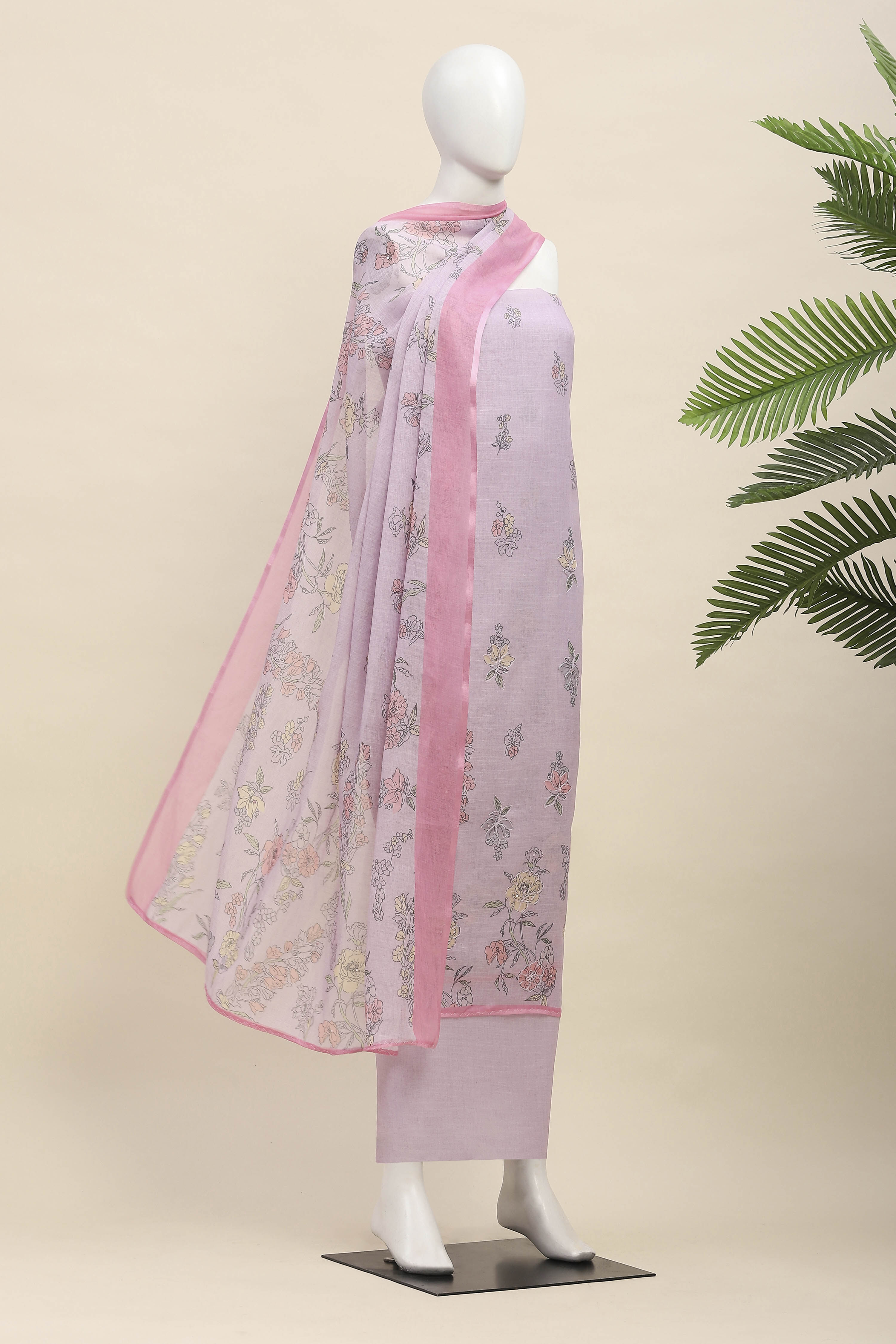 Lavender Linen Unstitched Suit Set image number 4