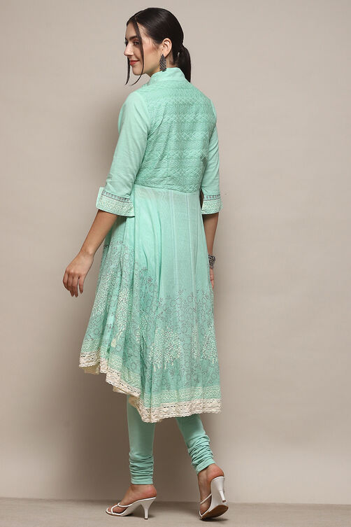 White Cotton Asymmetric Anarkali & Churidar Suit Set image number 5