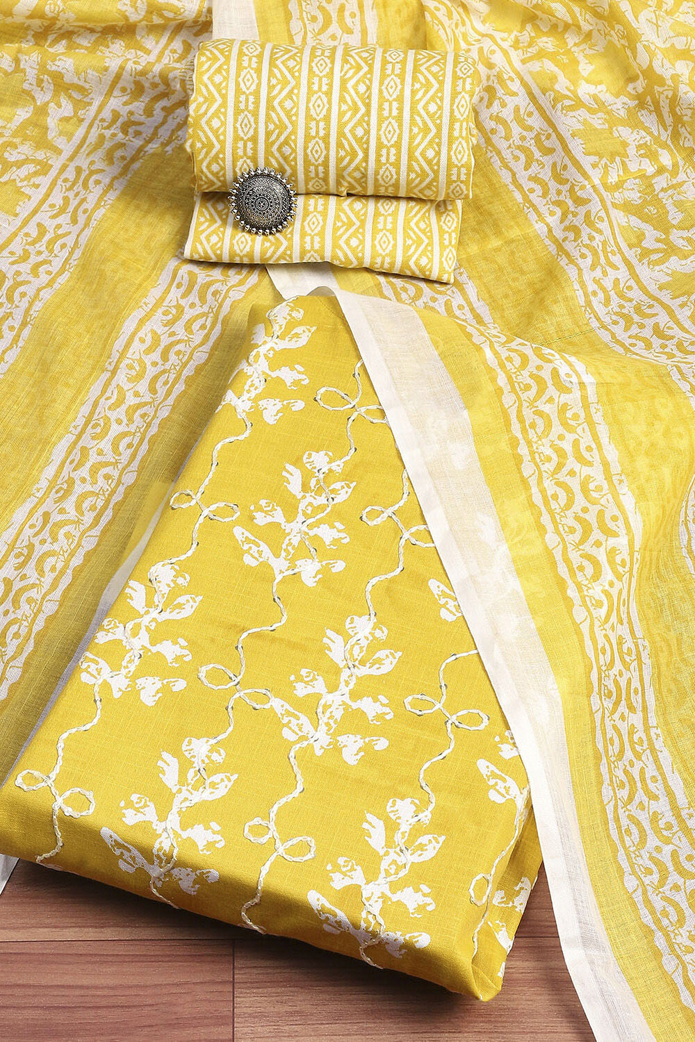 Buy Yellow Cotton Printed Unstitched Suit Set Online at Biba India