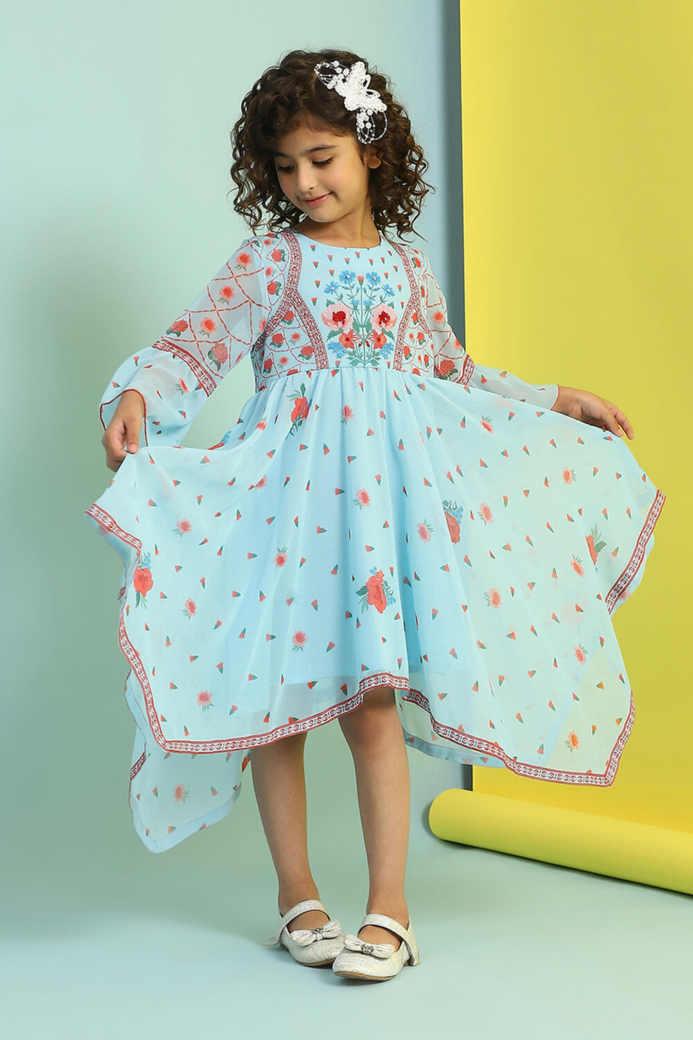 Sky Blue Printed Gathered Asymmetric Dress image number 5