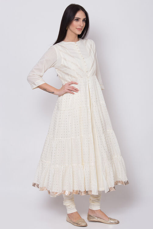 Off White Cotton Front Open Kurta Churidar Suit Set image number 3