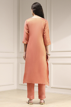 Orange Tissue Applique Unstitched Suit Set image number 5