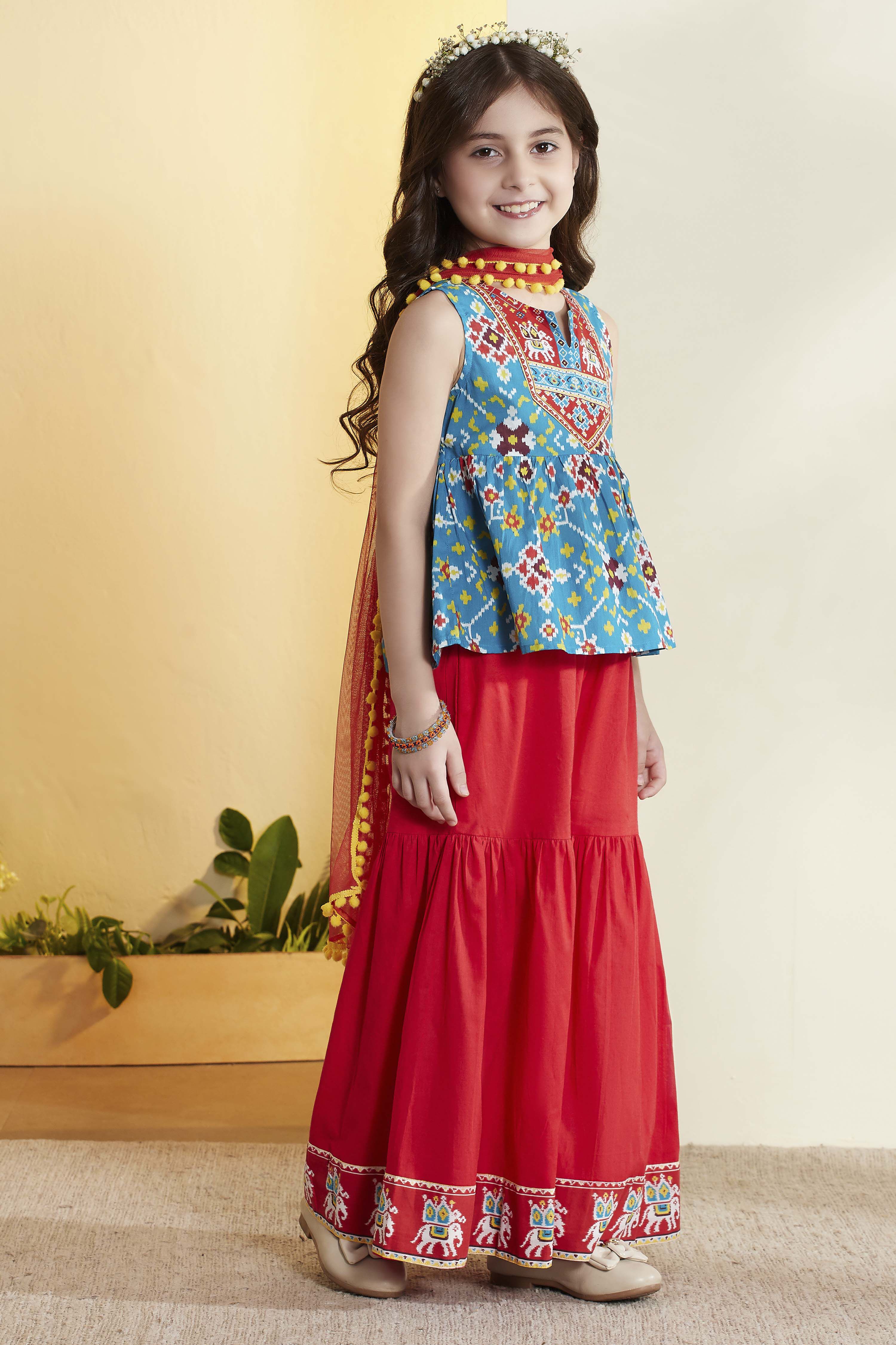Turquoise & Red Printed Cotton Garara Set image number 4