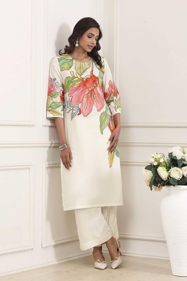 BIBA Beige Cotton Straight Suit Set in Beige