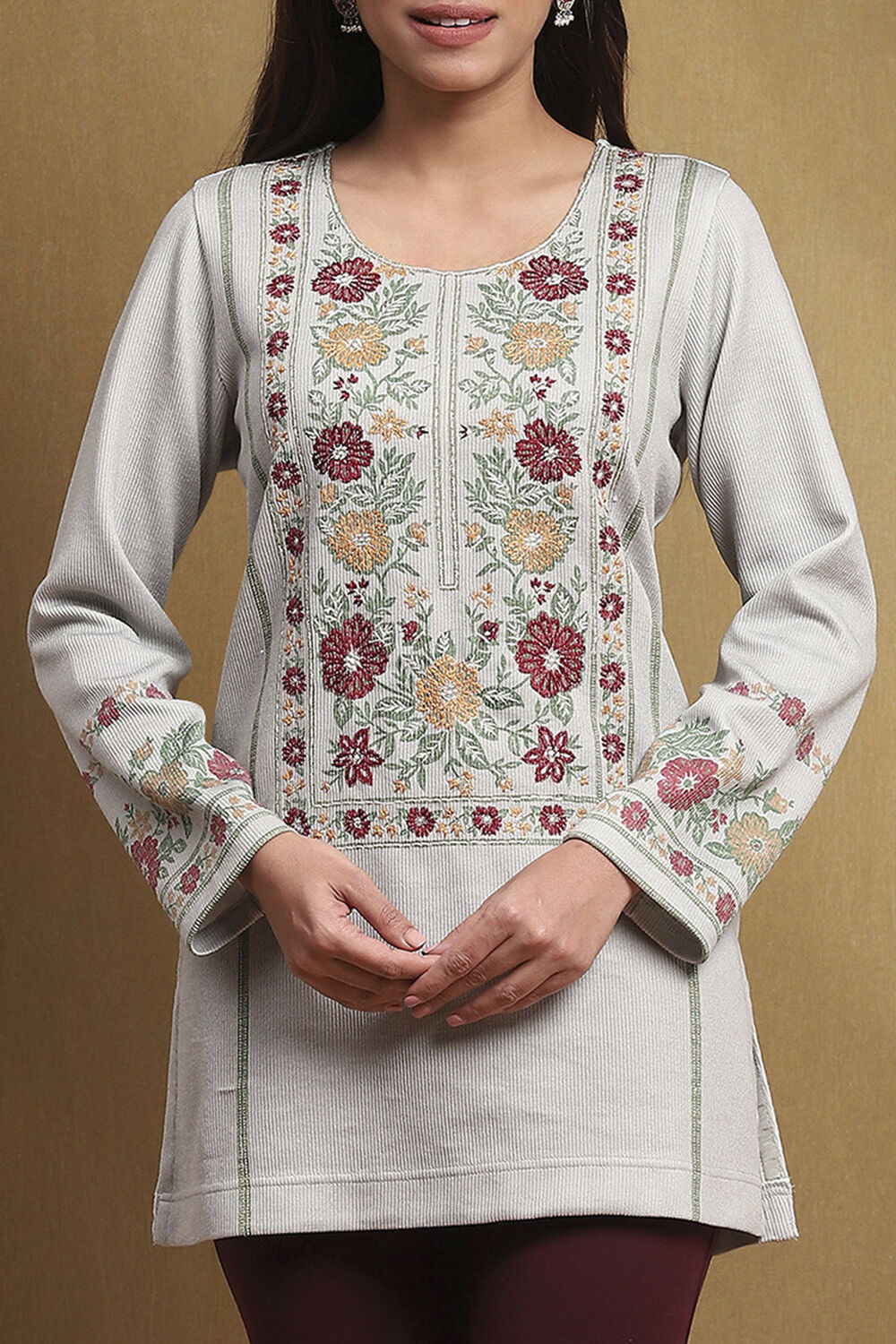 Grey Printed Winter wear Straight Short Kurta image number 1