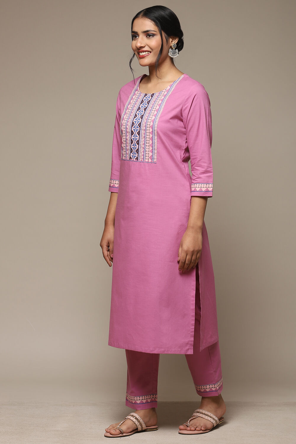 Black Cotton Straight Kurta Pant Suit Set image number 3