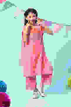 Pink Cotton Blend A-Line Kurta Straight Palazzo Suit Set image number 0