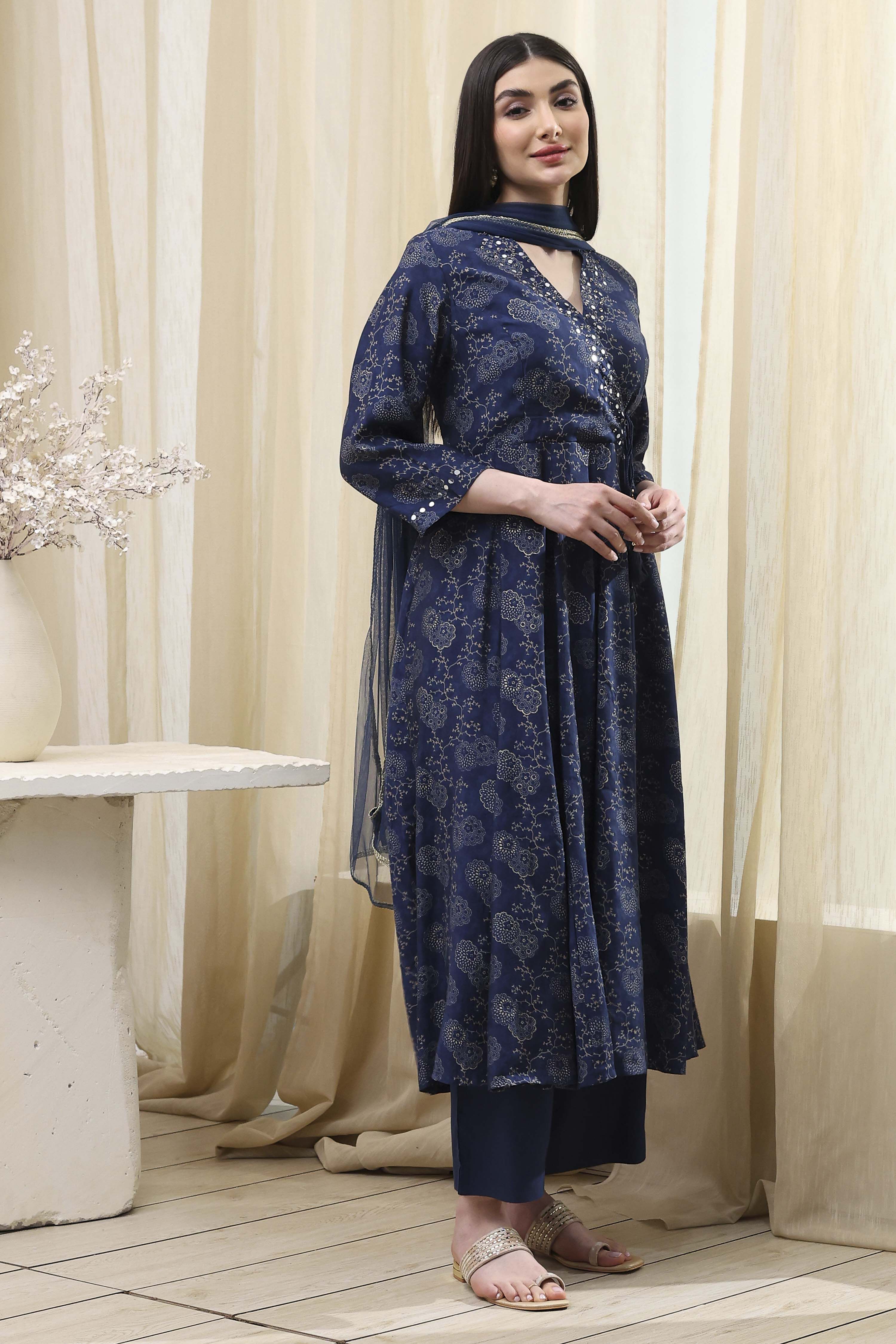 Navy Blue Printed Angrakha Style Anarkali Suit Set image number 5