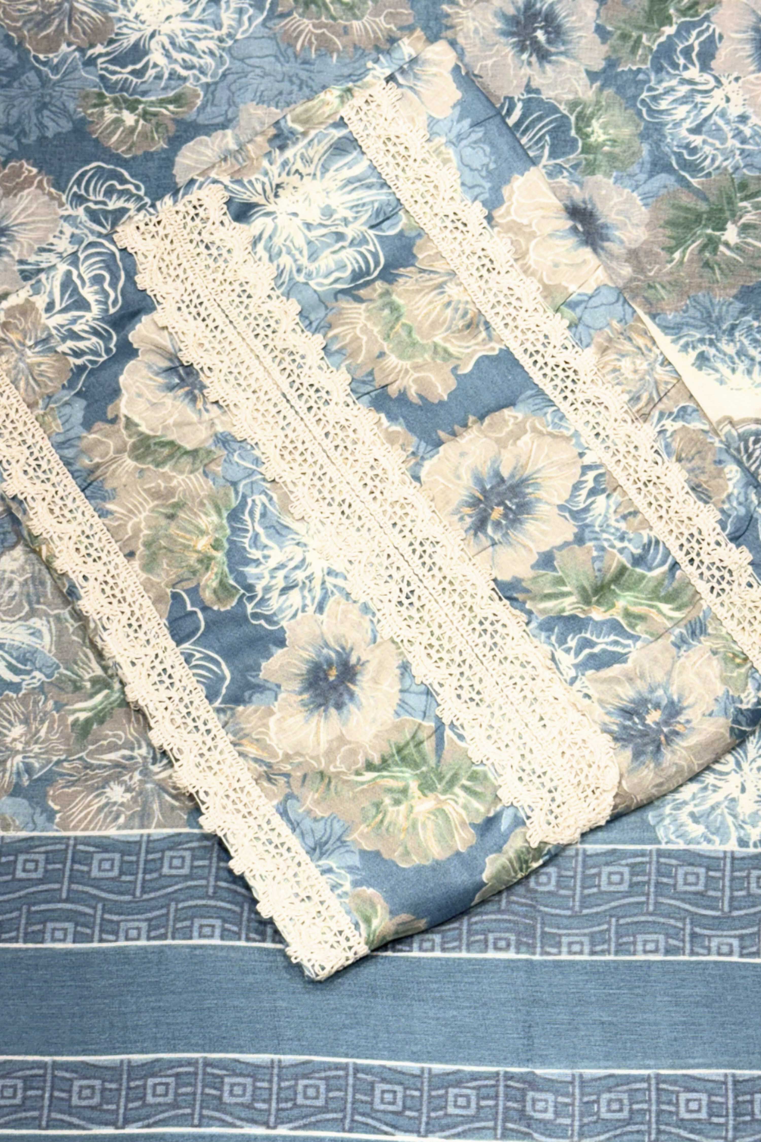 Blue Cotton Printed Unstitched Suit Set image number 1