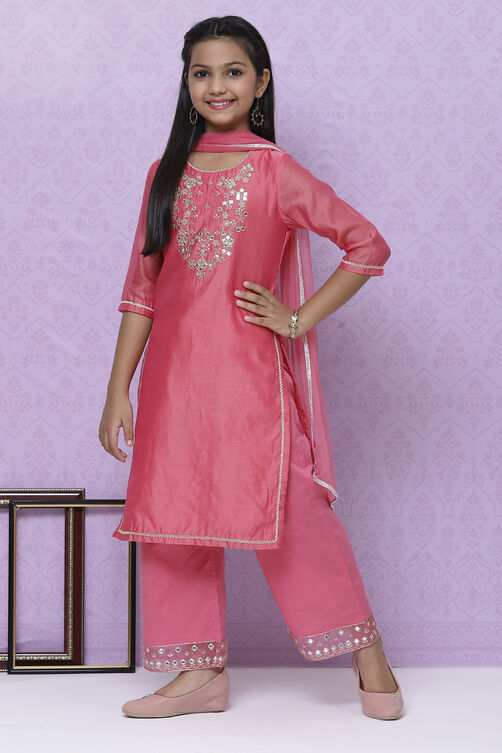 Pink Poly Cotton Girls Straight  Kurta Palazzo Suit Set image number 0