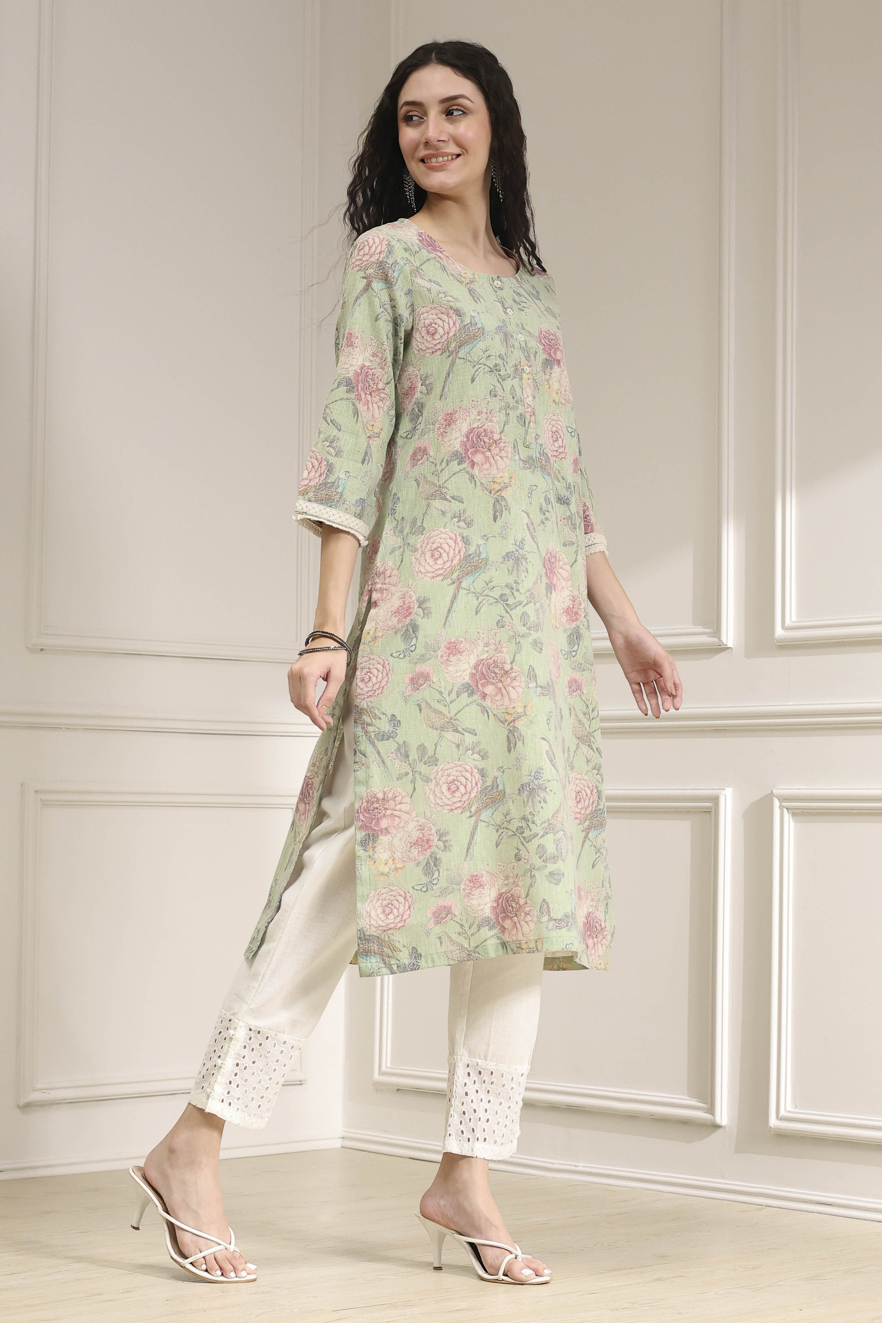 Light Green Cotton Blend Printed Straight Kurta image number 4