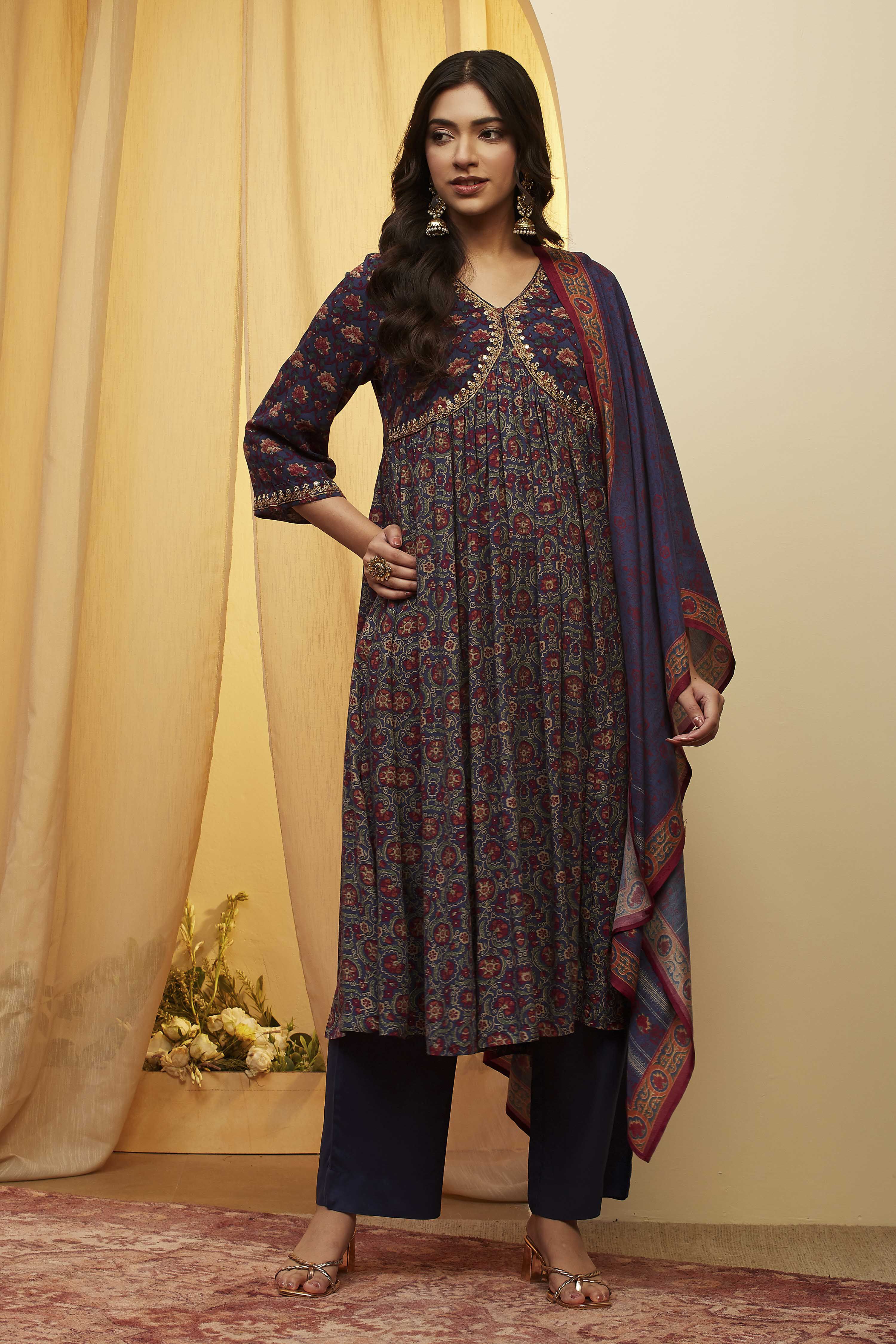 Blue Viscose Rayon Gathered Suit Set image number 6