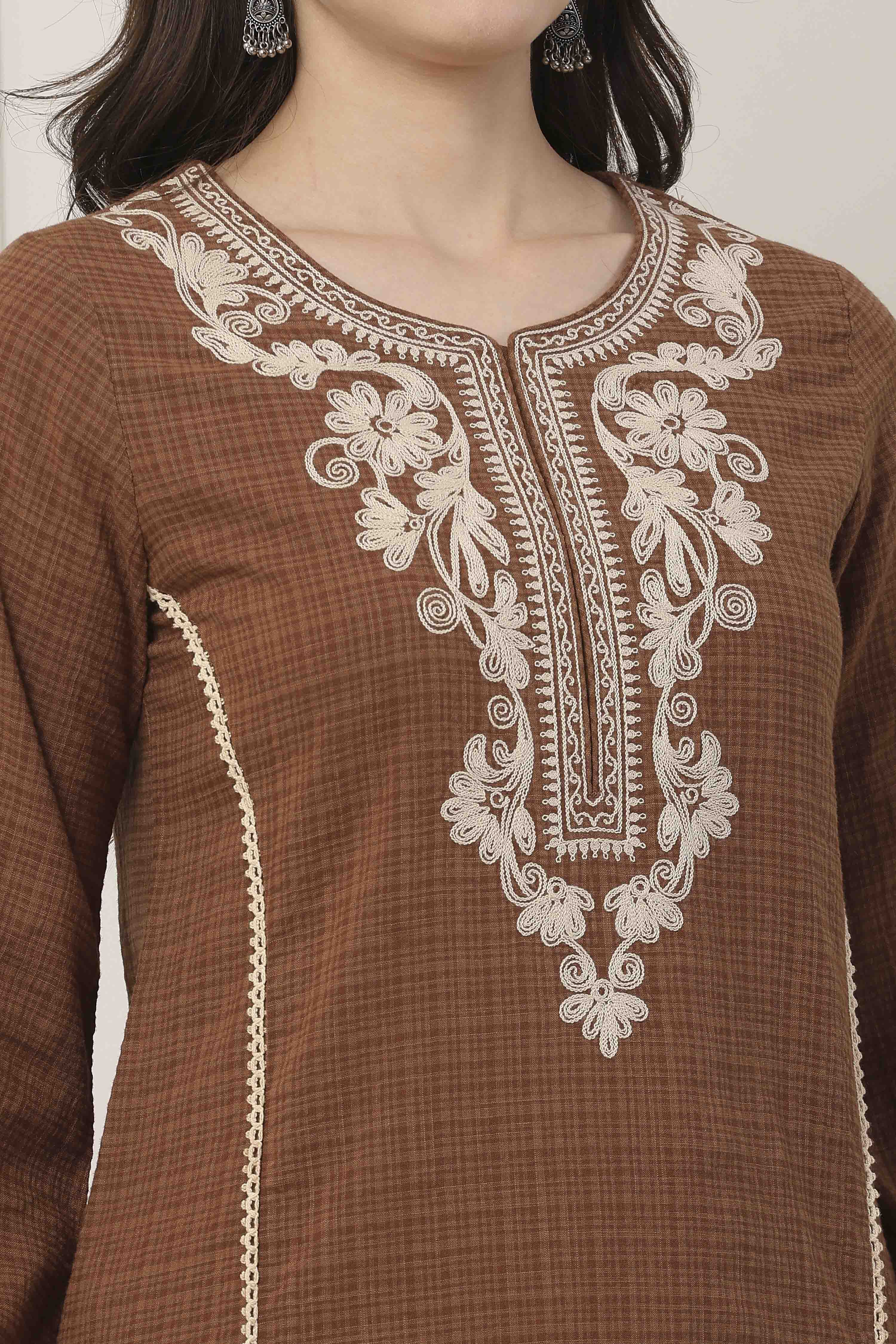 Brown Cotton Floral Yoke Embroidered Straight Kurti image number 1