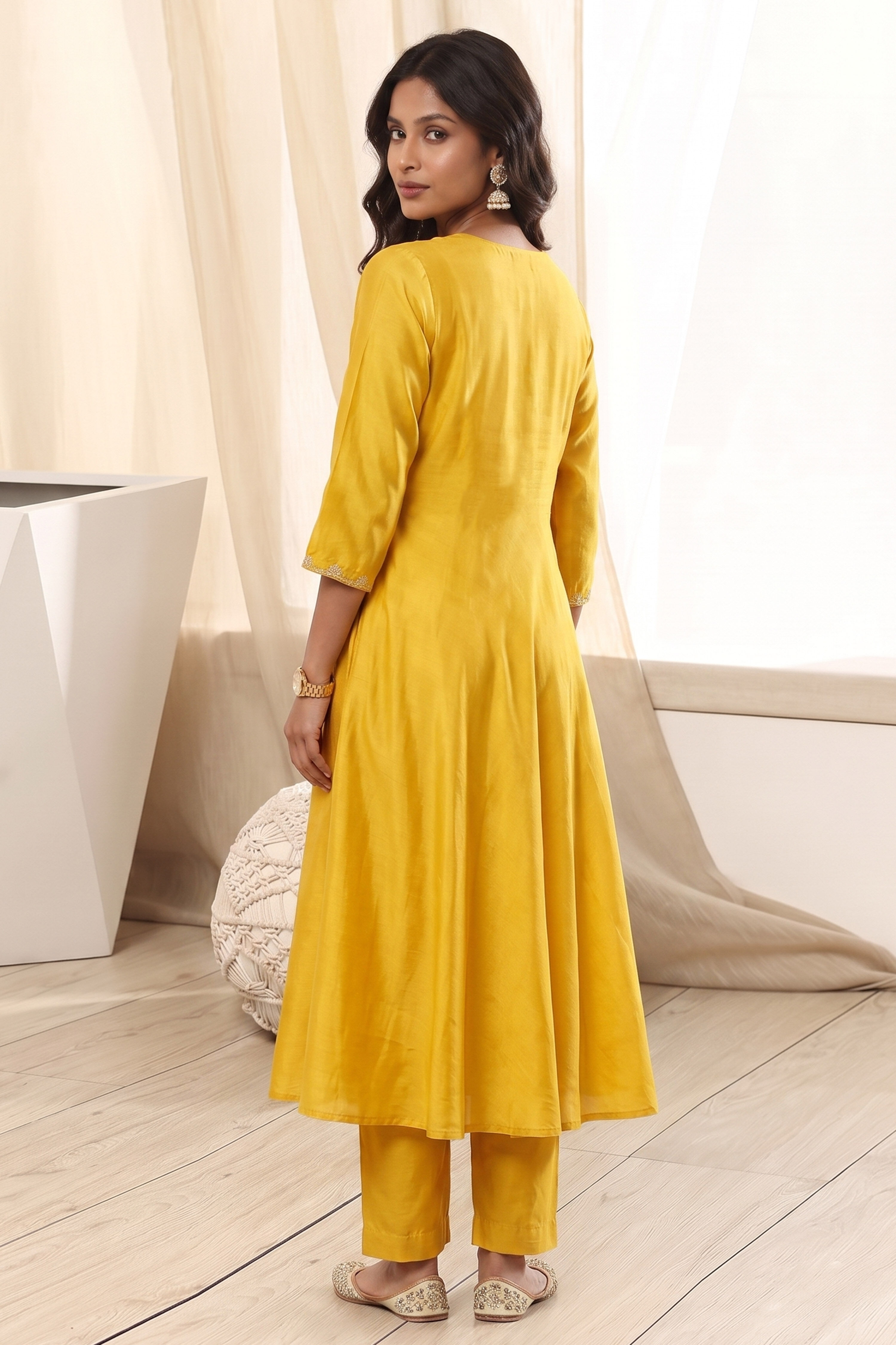 Yellow Polyester A Line Kurta image number 3