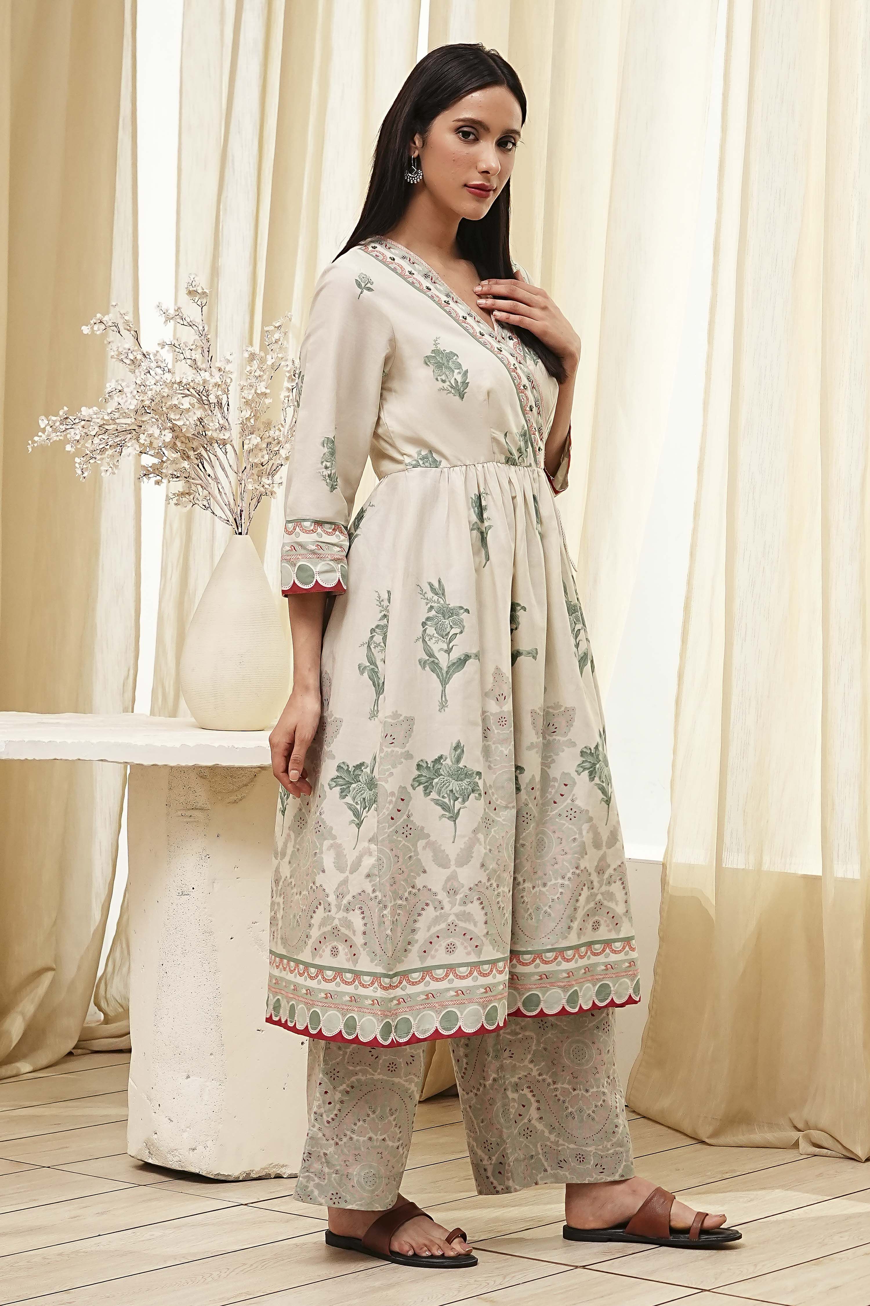 Beige and Green Cotton Angrakha Anarkali Kurta Set image number 5