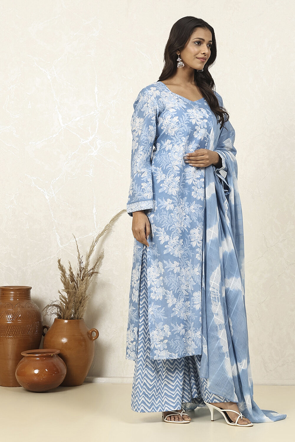 Blue Cotton Floral Unstitched Suit Set image number 6