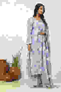 Blue Cotton Floral Unstitched Suit Set image number 6