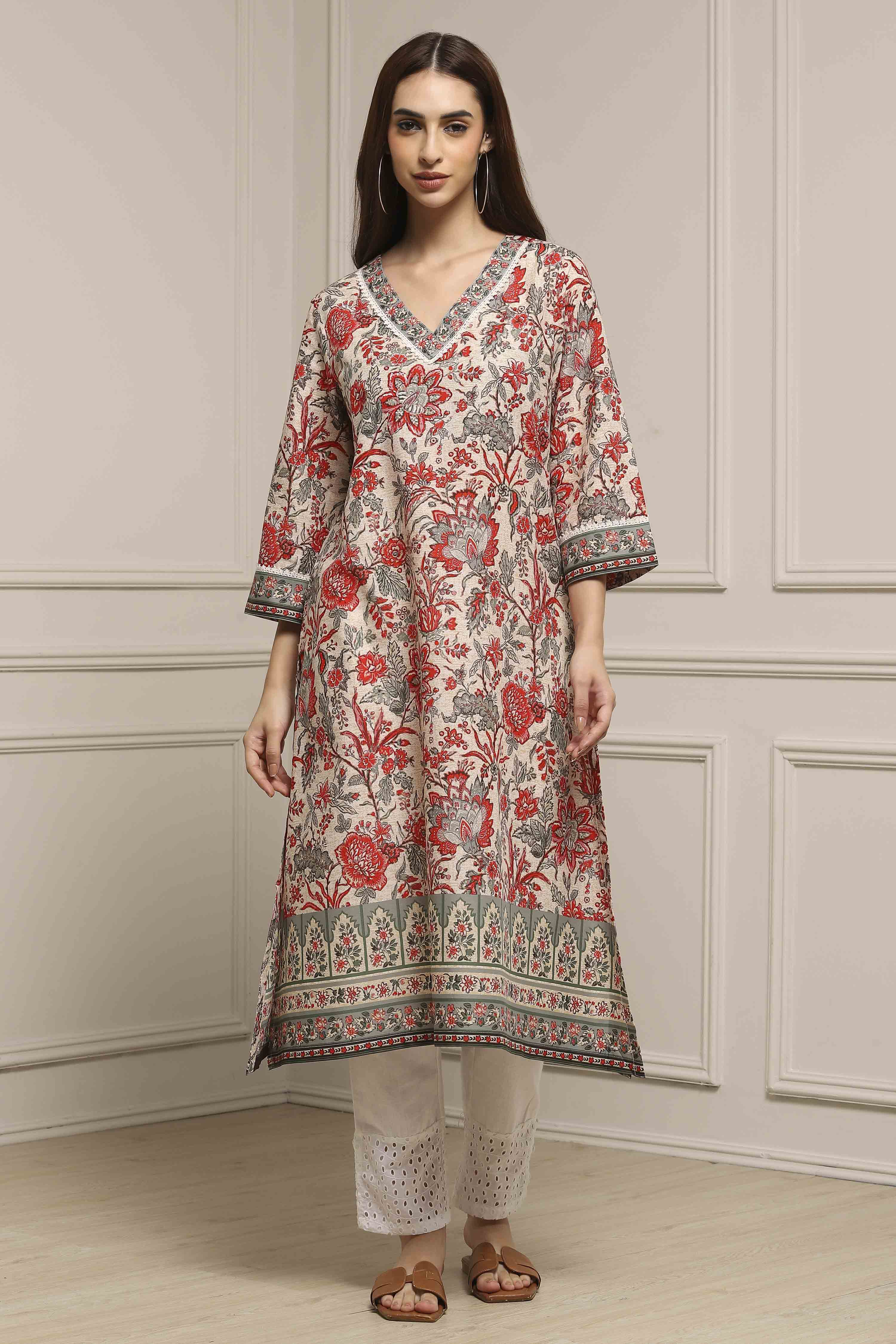 Off White Cotton Straight Printed Kurta image number 0