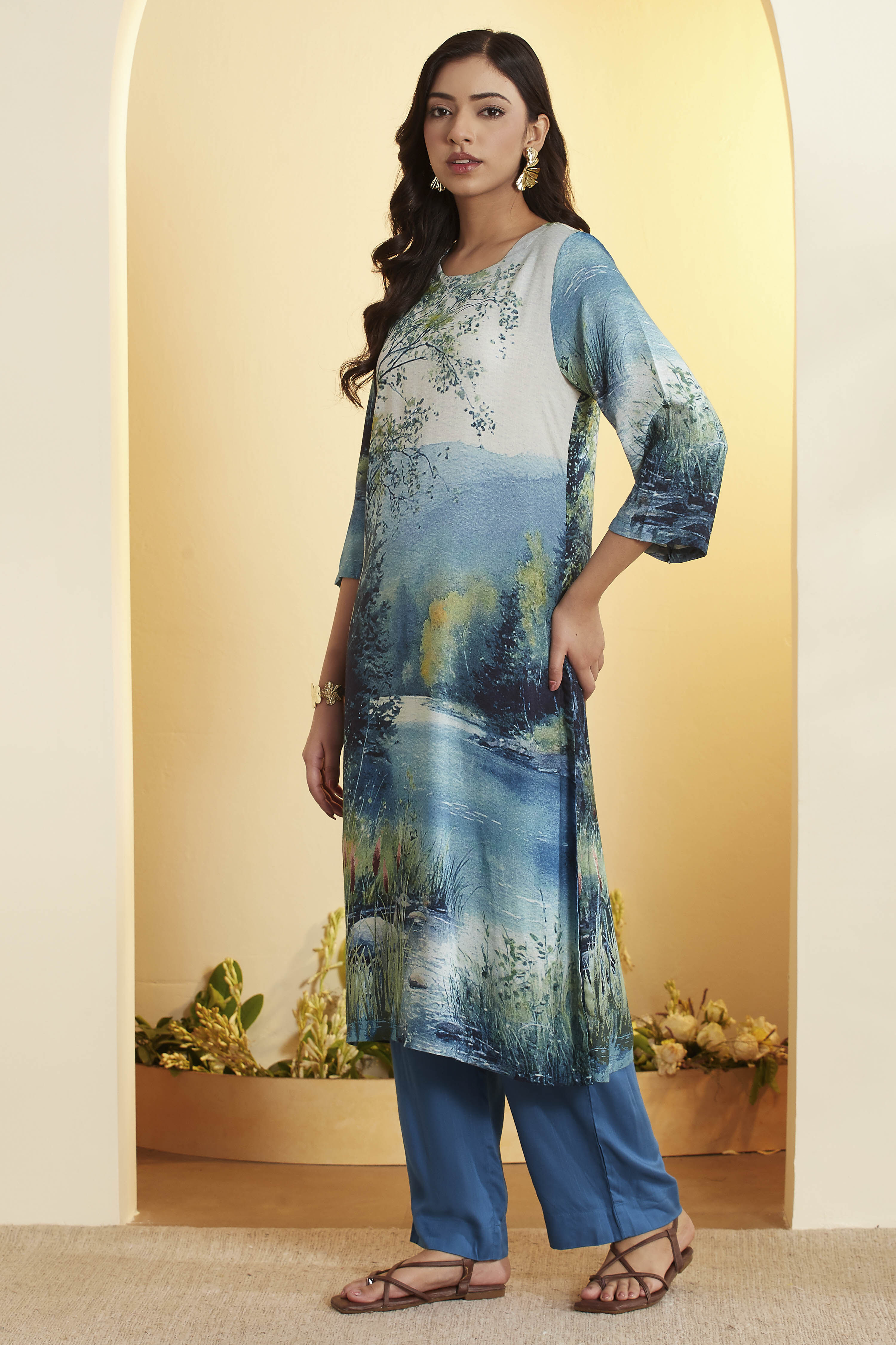 Blue Rayon Slub Straight Kurta Pants Set image number 3