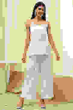 Off White Cotton Straight Embroidered Fusion Set image number 7