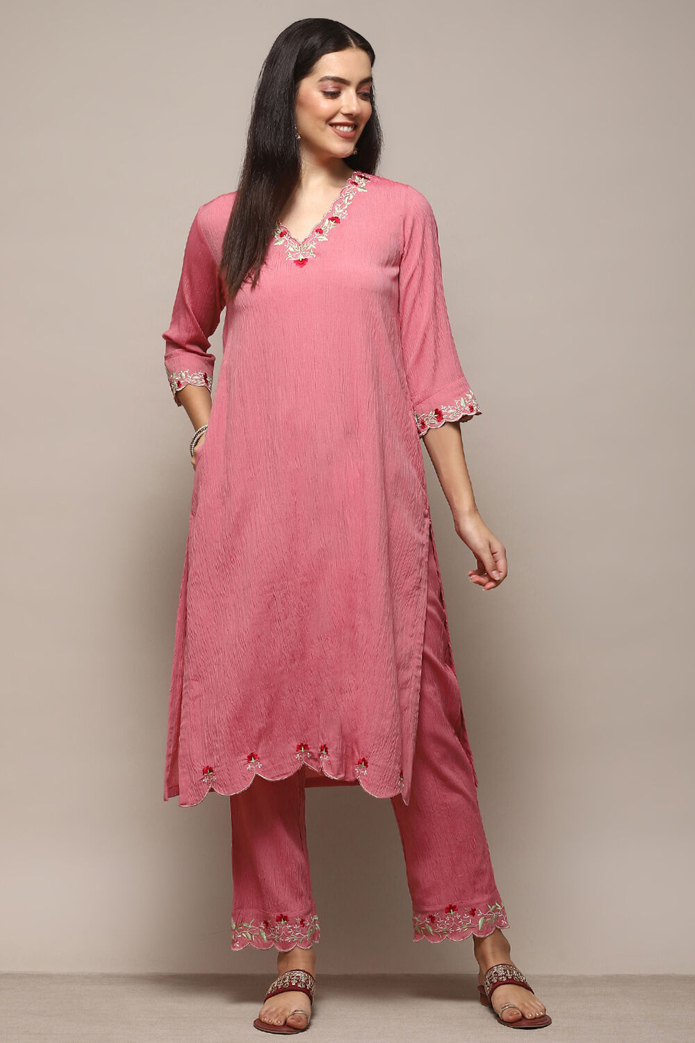 Pink Poly Viscose Straight Suit Set image number 0