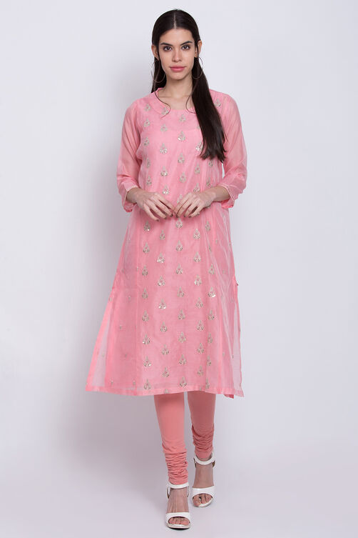 Yellow Poly Cotton A-Line Embroidered Kurta image number 0