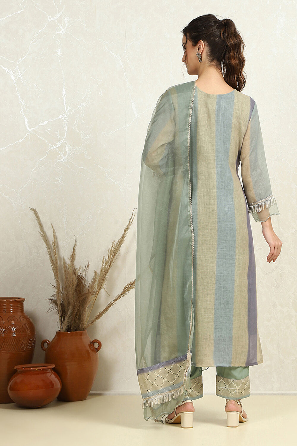 Green Cotton Blend Schiffli Unstitched Suit Set image number 4
