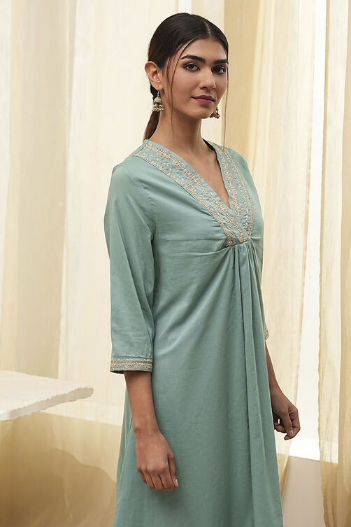 Dull Blue Pure Cotton Gathered Kurta image number 1