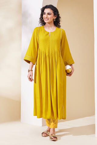 BIBA Viscose Polyester Solid Flared Work Wear Dress Mustard Yellow in Mustard Yellow