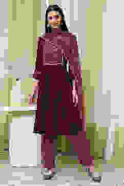 Plum Solid Gathered Straight Suit Set image number 6