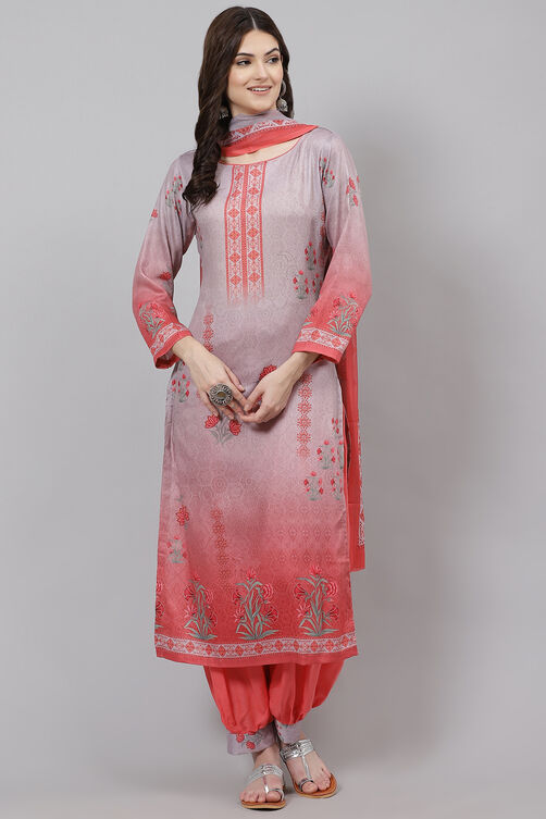 Off White Poly Spun Digital Print Unstitched Suit Set image number 3