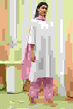 Pink and White Cotton Straight Suit Set image number 4