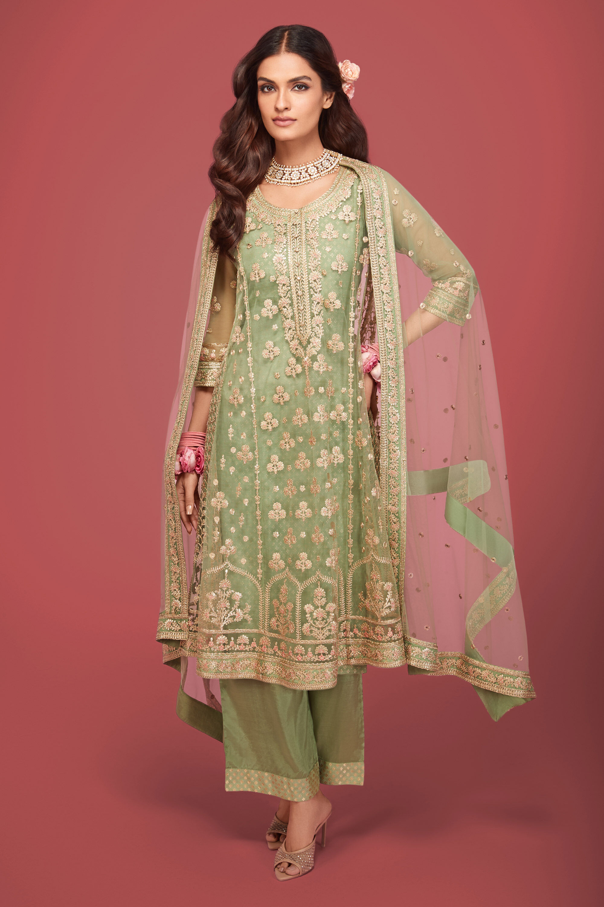 Green Net Embroidered Festive Kalidar Suit Set image number 0