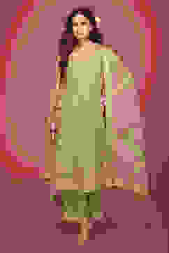 Green Net Embroidered Festive Kalidar Suit Set image number 0