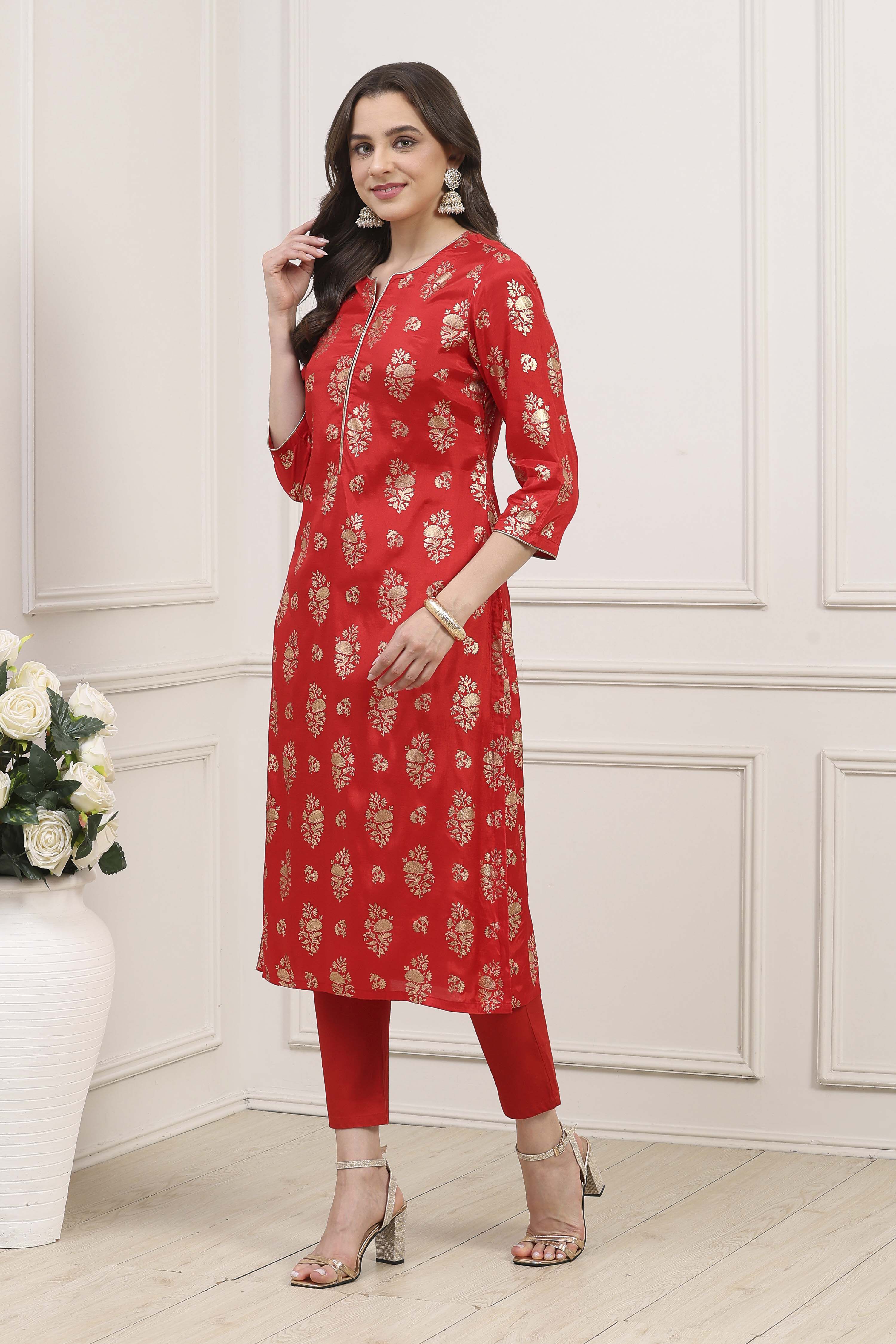 Red Viscose Rayon Printed Straight Kurta image number 2