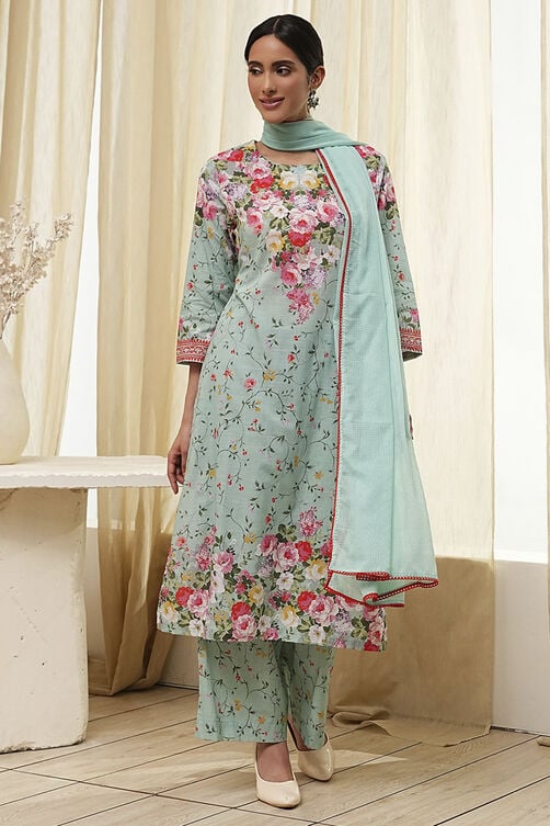 Turquoise Cotton Floral Printed Straight Suit Set image number 6