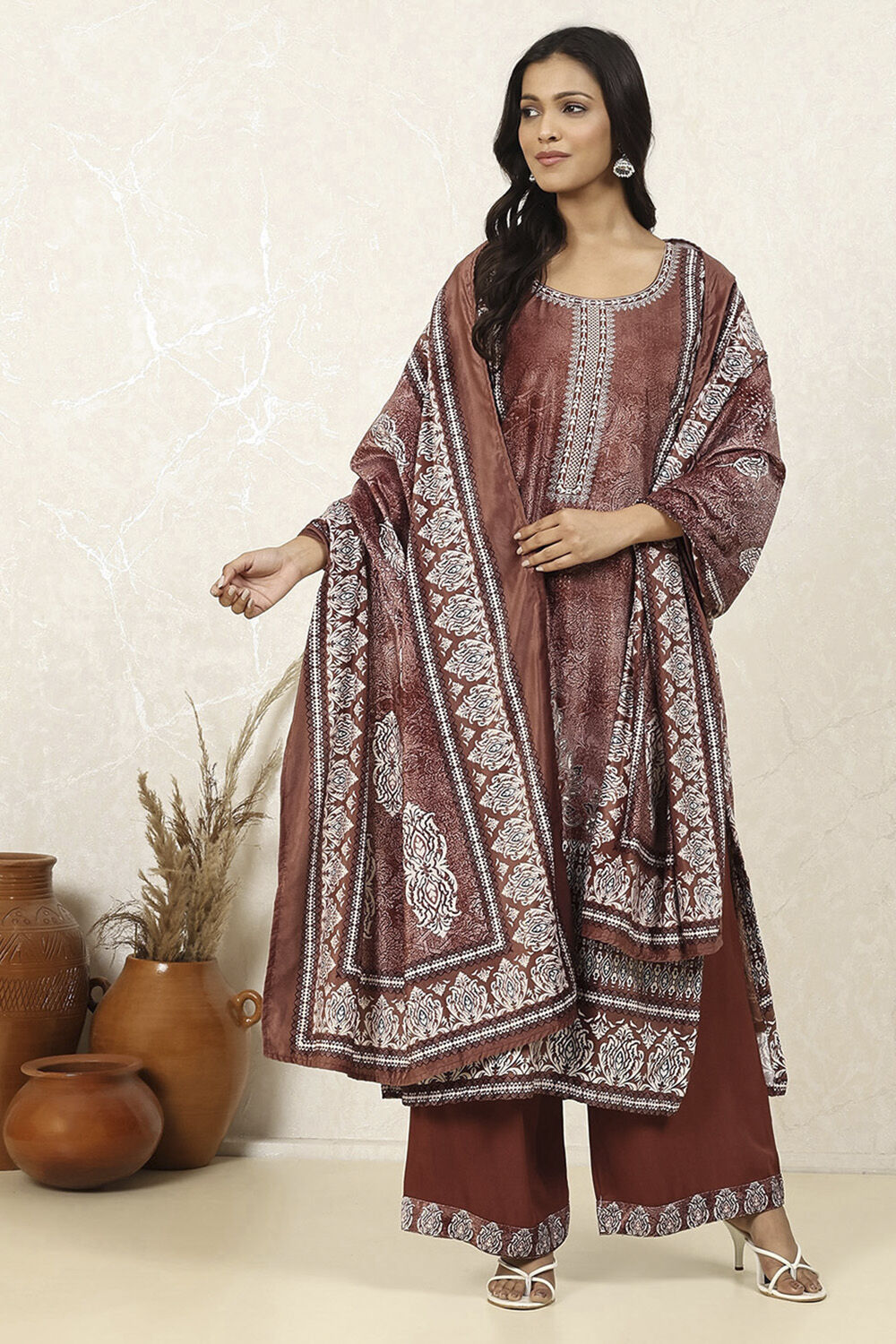 Rust Velvet Digital Print Unstitched Suit Set image number 1