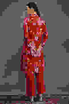 Rohit Bal Red Silk Chanderi Floral Printed Straight Kurta Set image number 4