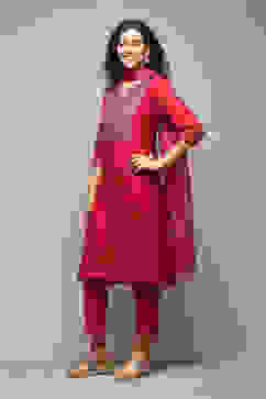 Fuchsia Poly Cotton Straight Kurta Pant Suit Set image number 4