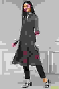 Charcoal and Rust Printed Pleated A-Line Kurta image number 2