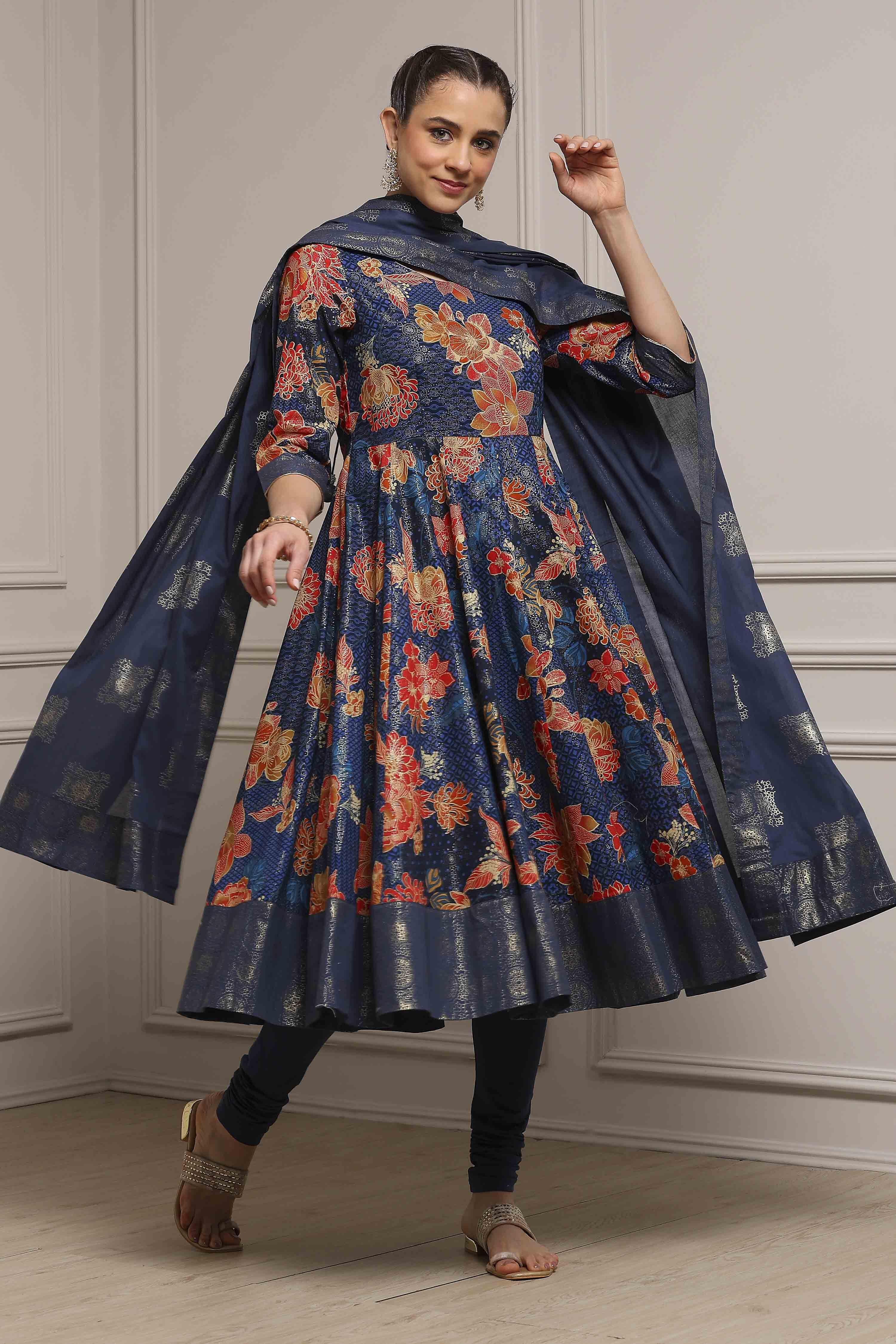 Navy Cotton Anarkali Printed Suit Set image number 0